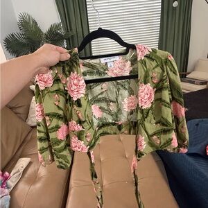 Agua Bendita Green Floral Tie-Front Crop Top with Pink Blossoms